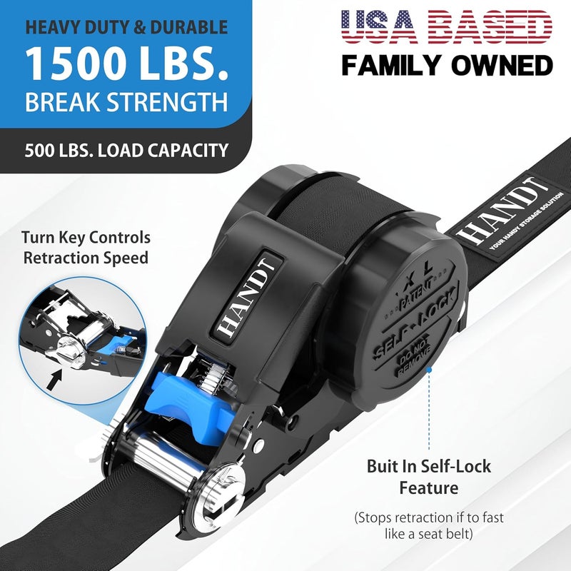 HANDT USA Based Retractable Ratchet Straps (2PK) 1in x 16ft - 1,500lb Break Strength, Heavy Duty Automatic Ratchet Straps Self Retractable Tie Down, Push Button Retracting Truck Trailer Cargo | Black - Image 2